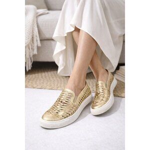Tory Burch Gold Metallic Woven Leather Slip On Sneakers Loafers Women 9.5